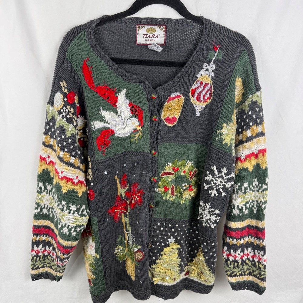 Vintage Tiara Women Christmas Cardigan Ugly Sweater 22/24 Embroidered Flaws